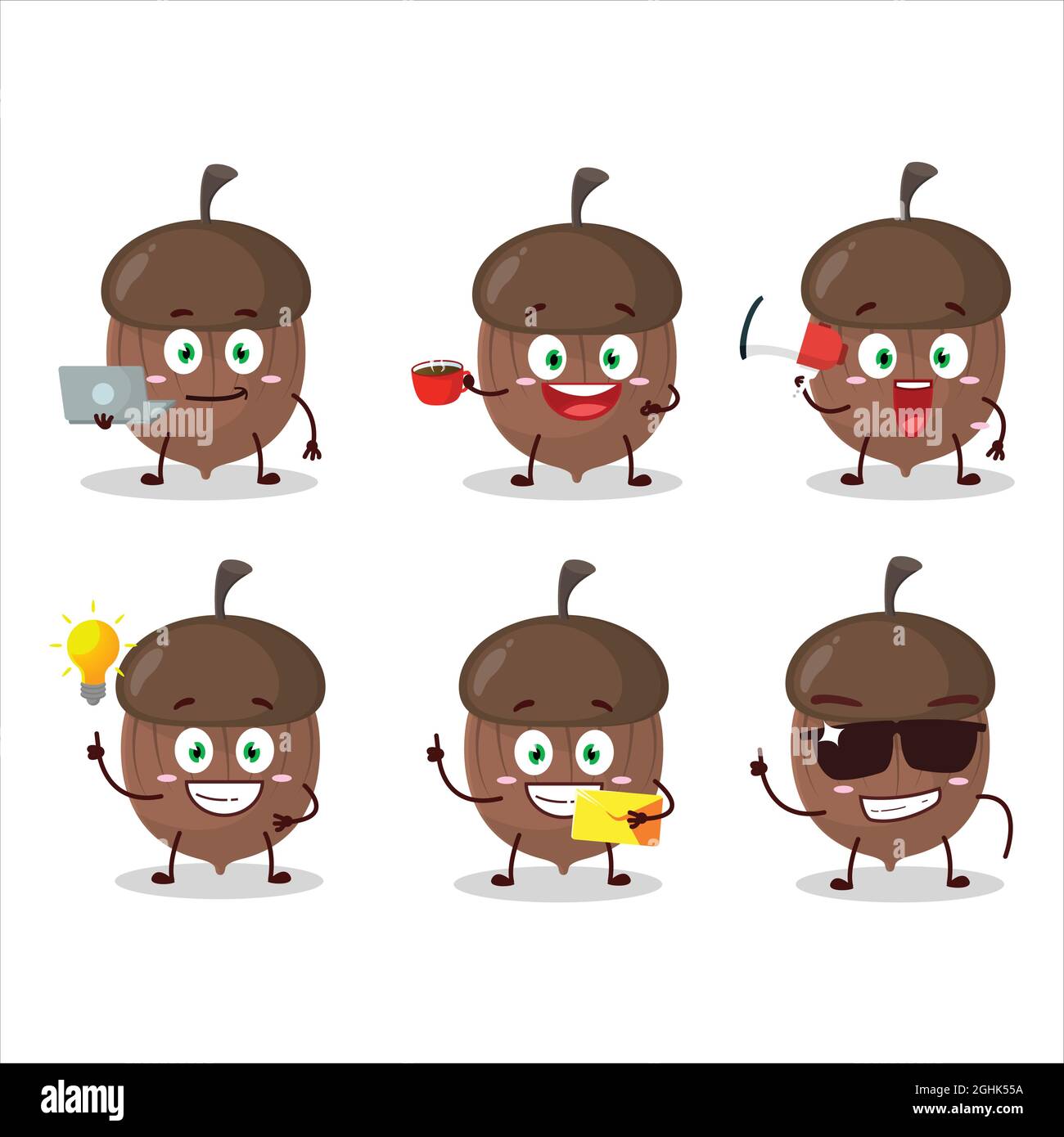 Acorn cartoon character with various types of business emoticons ...
