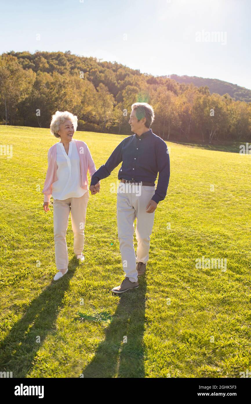 Happy senior couple holding hands walking Stock Photo - Alamy