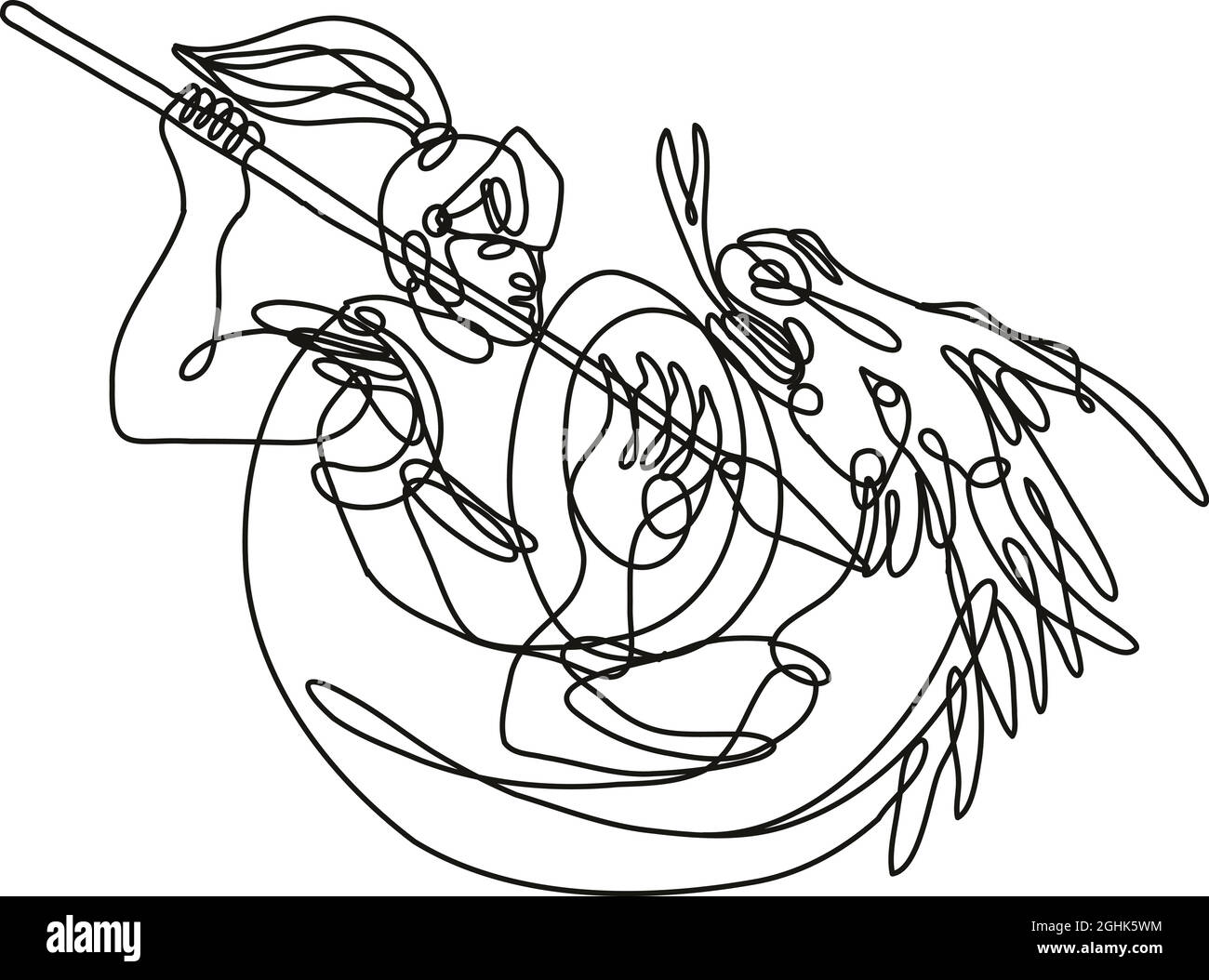 Continuous line drawing illustration of knight with lance and shield fighting dragon done in mono line or doodle style in black and white on isolated Stock Vector