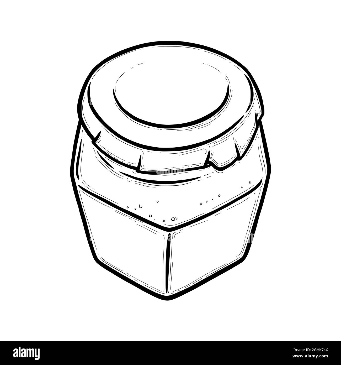 Glass jar sketch. Hexagonal empty jar for preserves of pickles, honey or jam. Hand drawn vector illustration isolated in white background Stock Vector