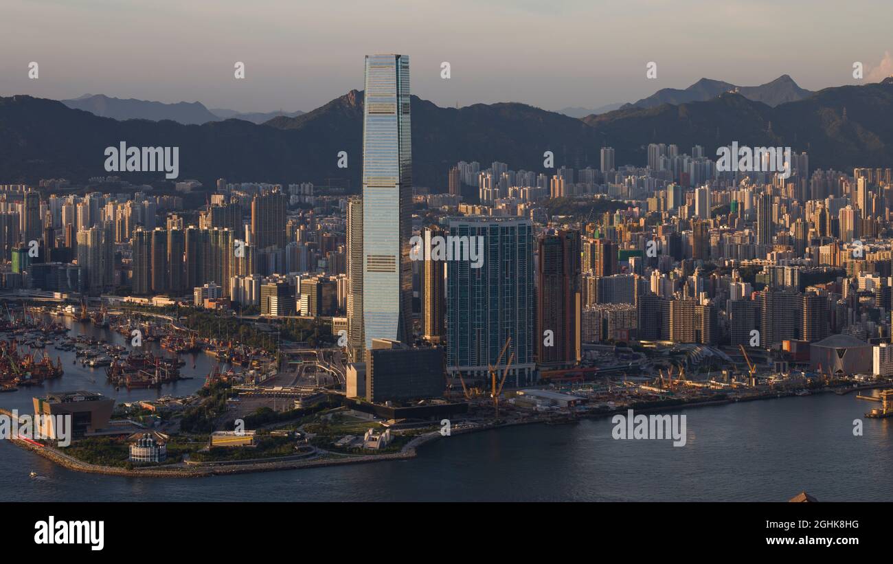 The International Commerce Centre is a 108-story, 484m skyscraper completed in 2010 in West Kowloon. It was the 4th tallest building in the world. Stock Photo