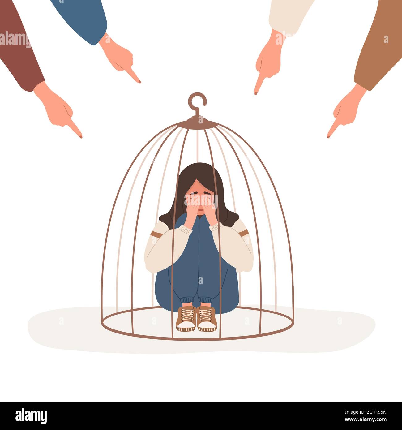 Girl locked in cage. Fingers pointing on sad muslim woman. Depressed teenager in hijab hugging knees and crying. School bullying. Empowerment movement Stock Vector