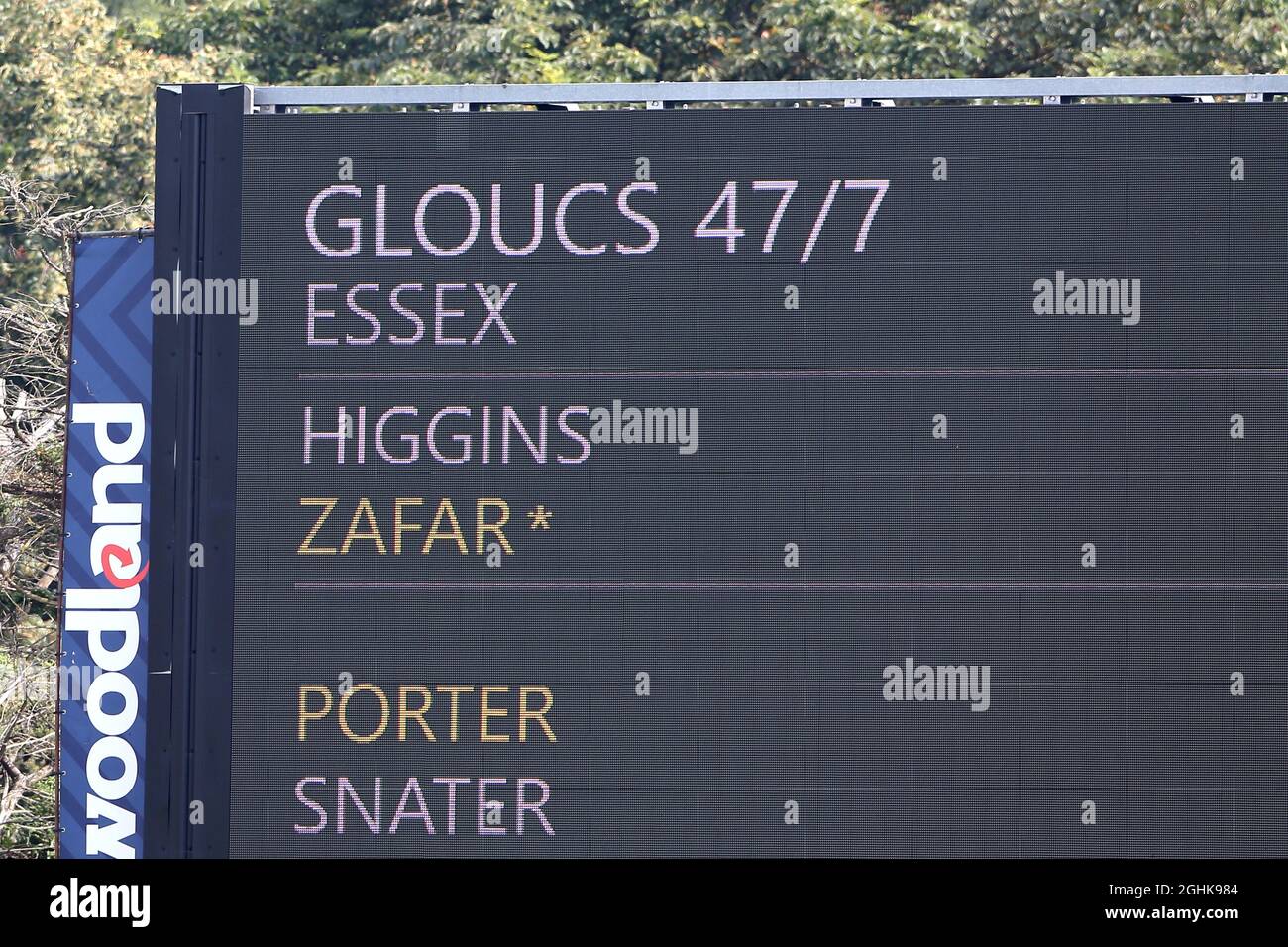 The scoreboard indicates that Gloucestershire have been reduced to 47 for 7 in their first innings during Essex CCC vs Gloucestershire CCC, LV Insuran Stock Photo