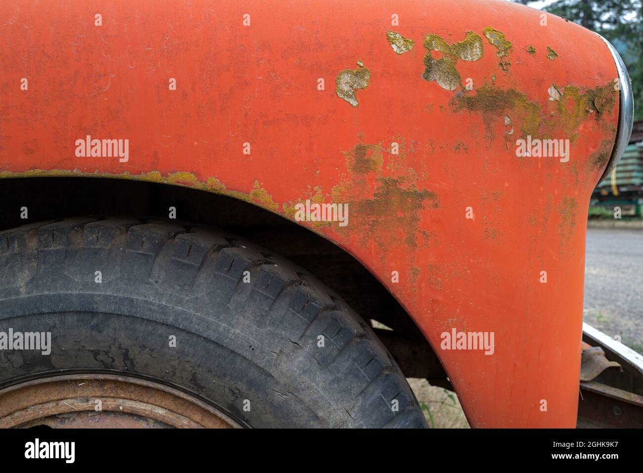 The front quarter panel and tire on an antique truck Stock Photo