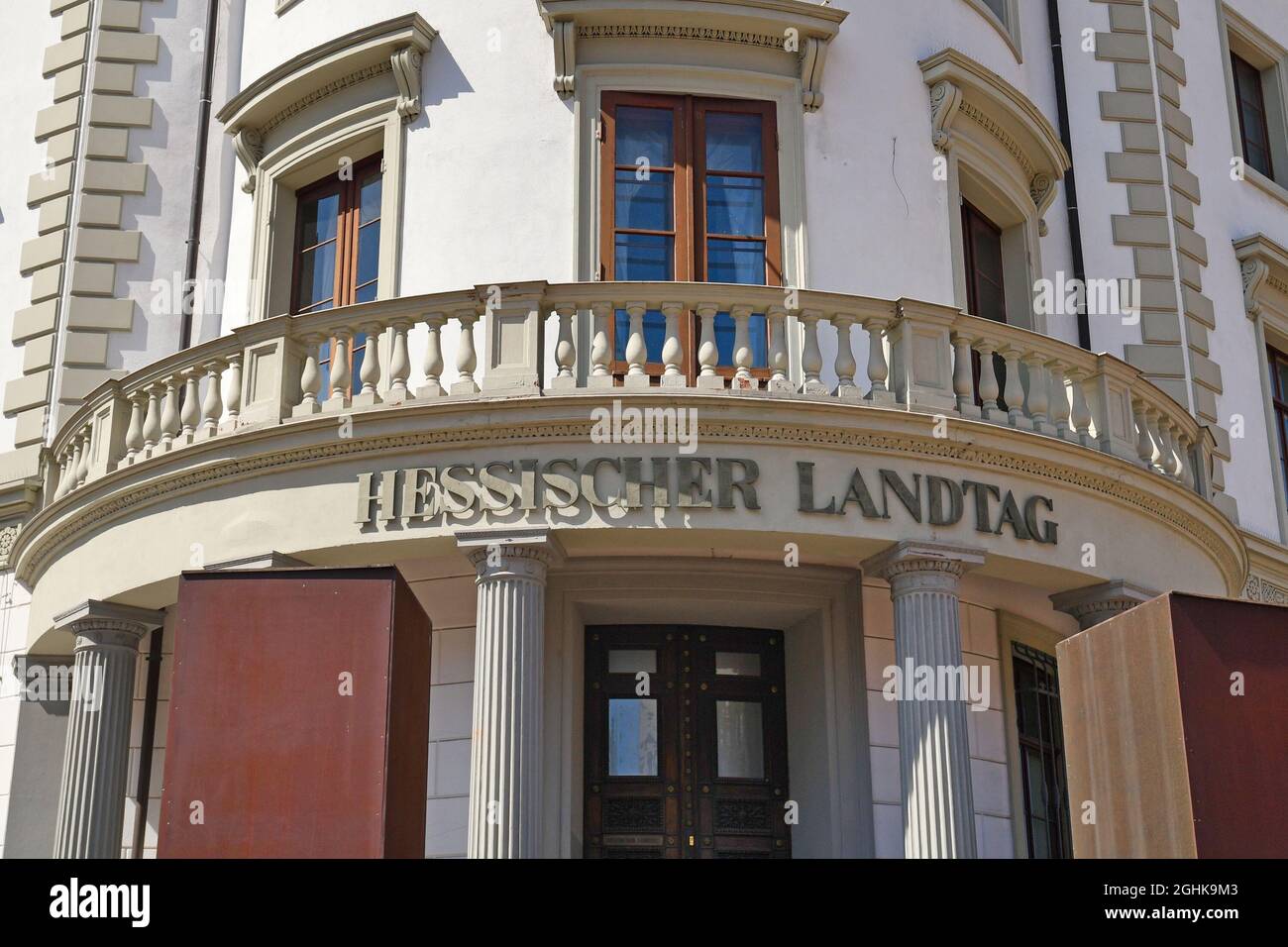 Wiesbaden, Germany - July 2021: Entrance of building of 'Hessischer Landtag, the Parliament of the State of Hesse in Wiesbaden city in Germany Stock Photo