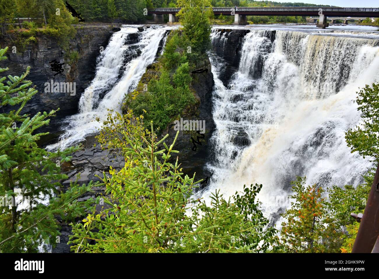 Kakabeka Falls provincial park shows the large waterfall having less water flowing over the falls than usual due to the hot summer and lack of rain. Stock Photo