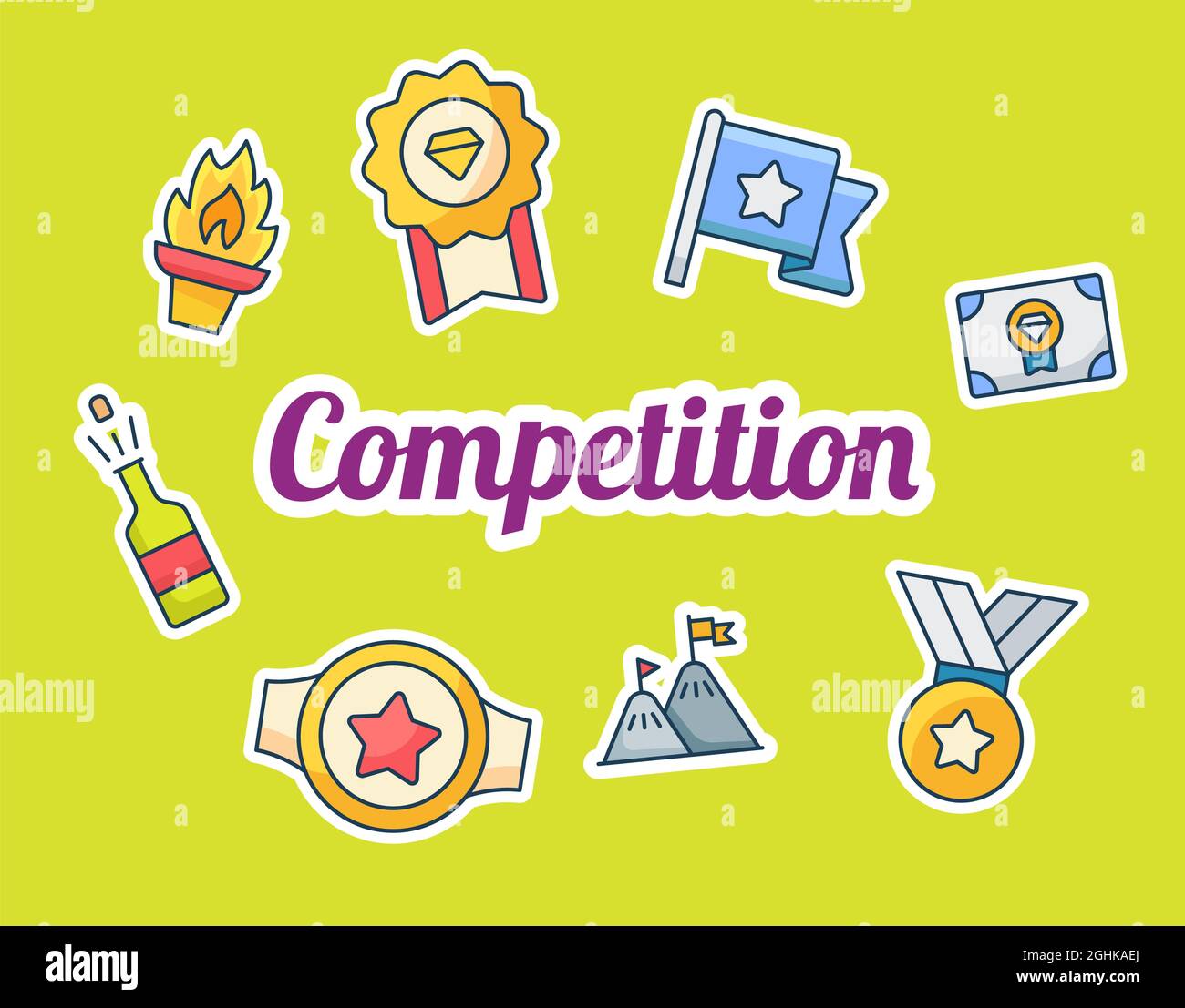 competition lettering around award and medal icons set collection ...