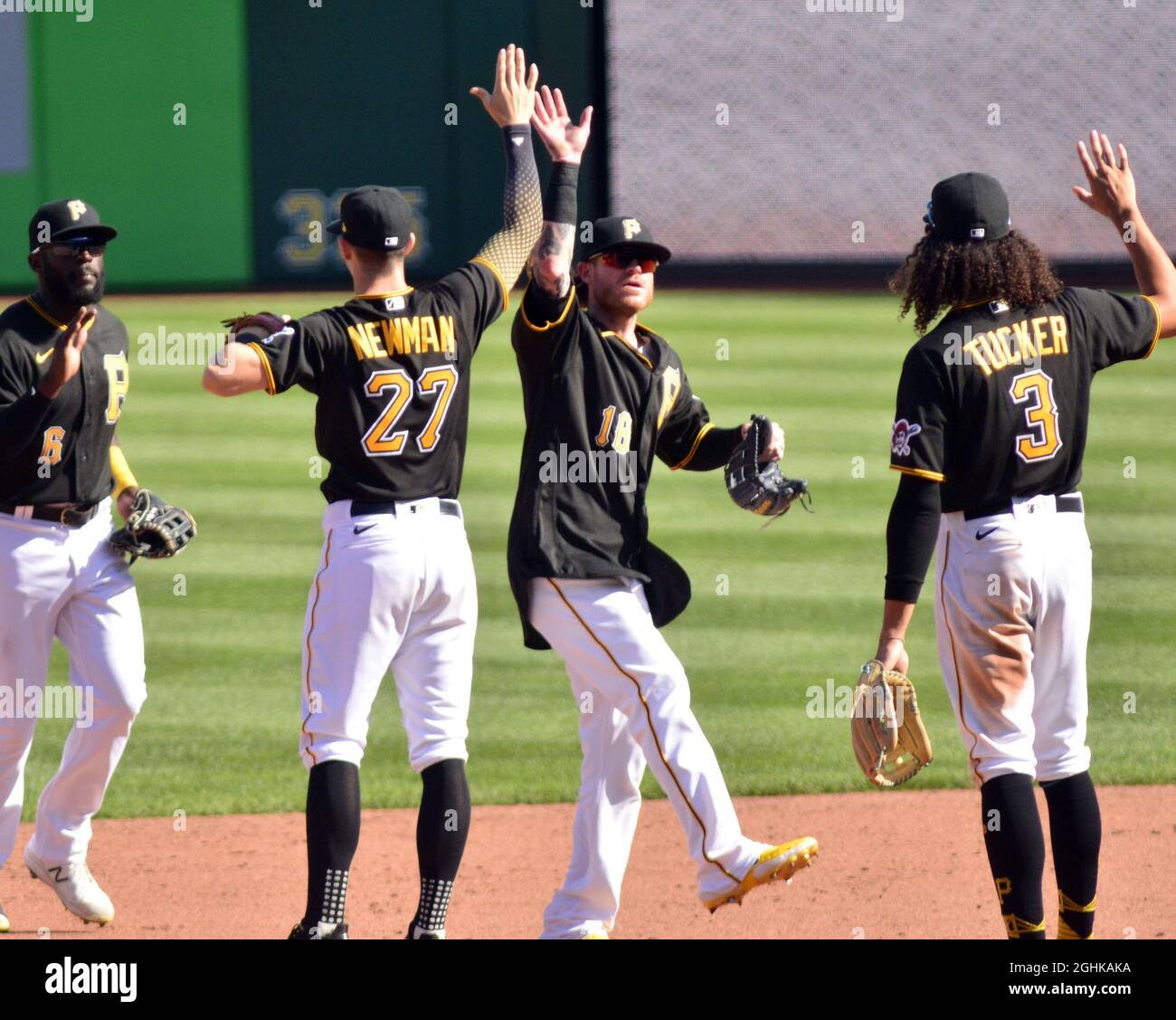 Pittsburgh, United States. 06th Sep, 2021. Pittsburgh Pirates shortstop Kevin Newman (27) and Pittsburgh Pirates left fielder Ben Gamel (18) celebrates the 6-3 win against the Detroit Tigers at PNC Park on Sunday, September 6, 2021 in Pittsburgh. Photo by Archie Carpenter/UPI Credit: UPI/Alamy Live News Stock Photo