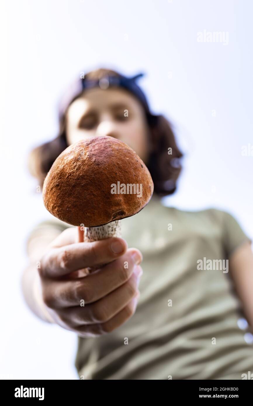 A teenage girl is holding a boletus mushroom. Seasonal mushroom picking. Close-up. Organic wild vegetarian food. Search and collection of edible mushr Stock Photo