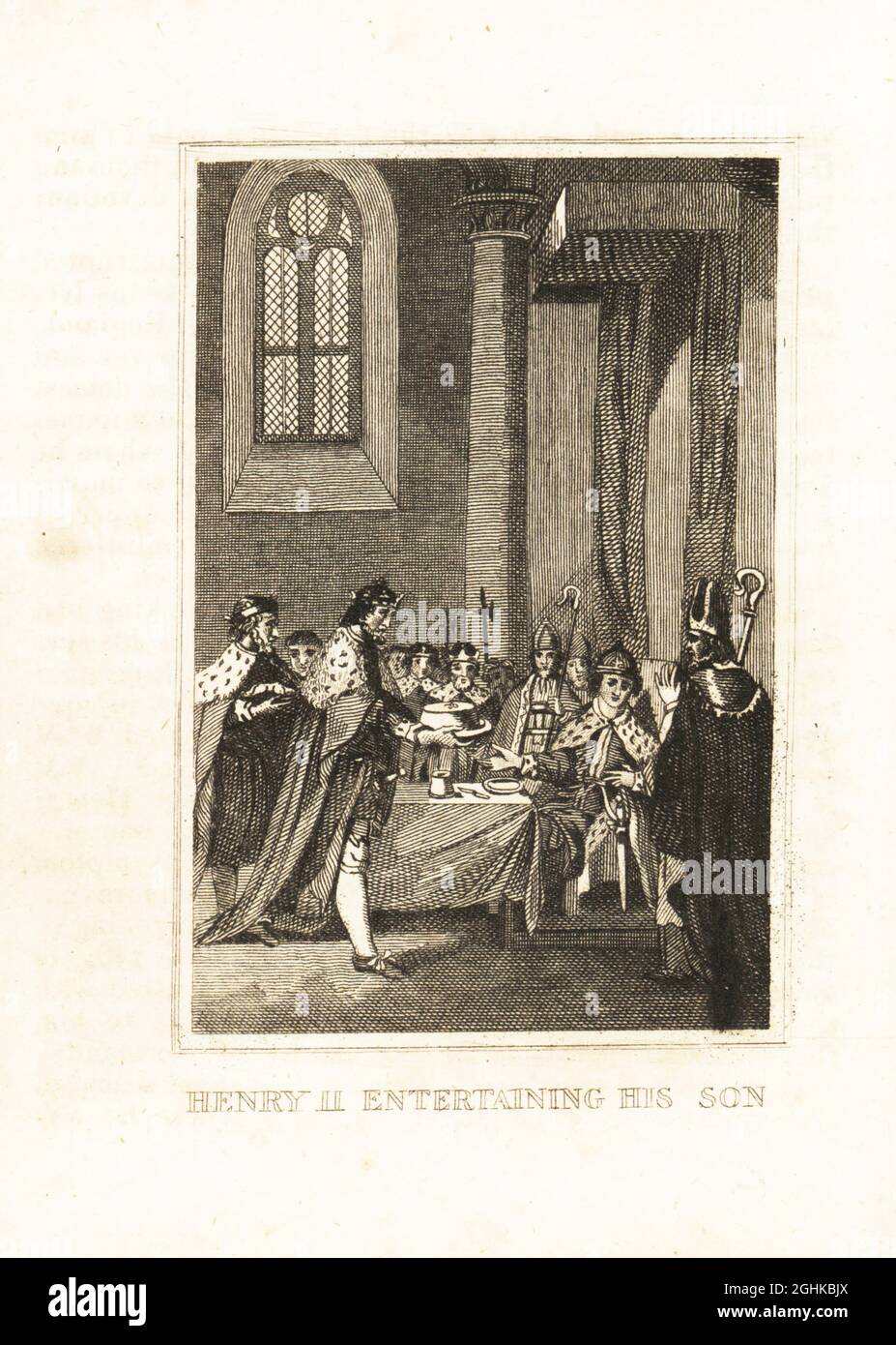 Henry the Young King at his coronation banquet, 1170. His father King Henry II serves him a dish, while bishops and nobles in ermine watch. Henry II entertaining his son. Copperplate engraving from M. A. Jones’ History of England from Julius Caesar to George IV, G. Virtue, 26 Ivy Lane, London, 1836. Stock Photo