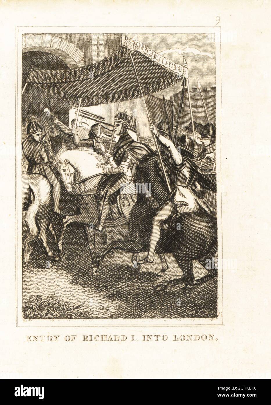 King Richard I the Lionheart of England in chainmail armour and crown, with sword drawn, enters London under a canopy held by four knights with fanfare, 1189. Entry of King Richard I into London. Copperplate engraving from M. A. Jones’ History of England from Julius Caesar to George IV, G. Virtue, 26 Ivy Lane, London, 1836. Stock Photo