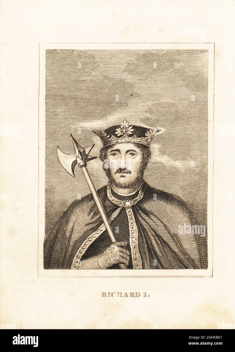 Portrait of King Richard I of England in crown, armour and cape, holding battle ax. Copperplate engraving from M. A. Jones’ History of England from Julius Caesar to George IV, G. Virtue, 26 Ivy Lane, London, 1836. Stock Photo