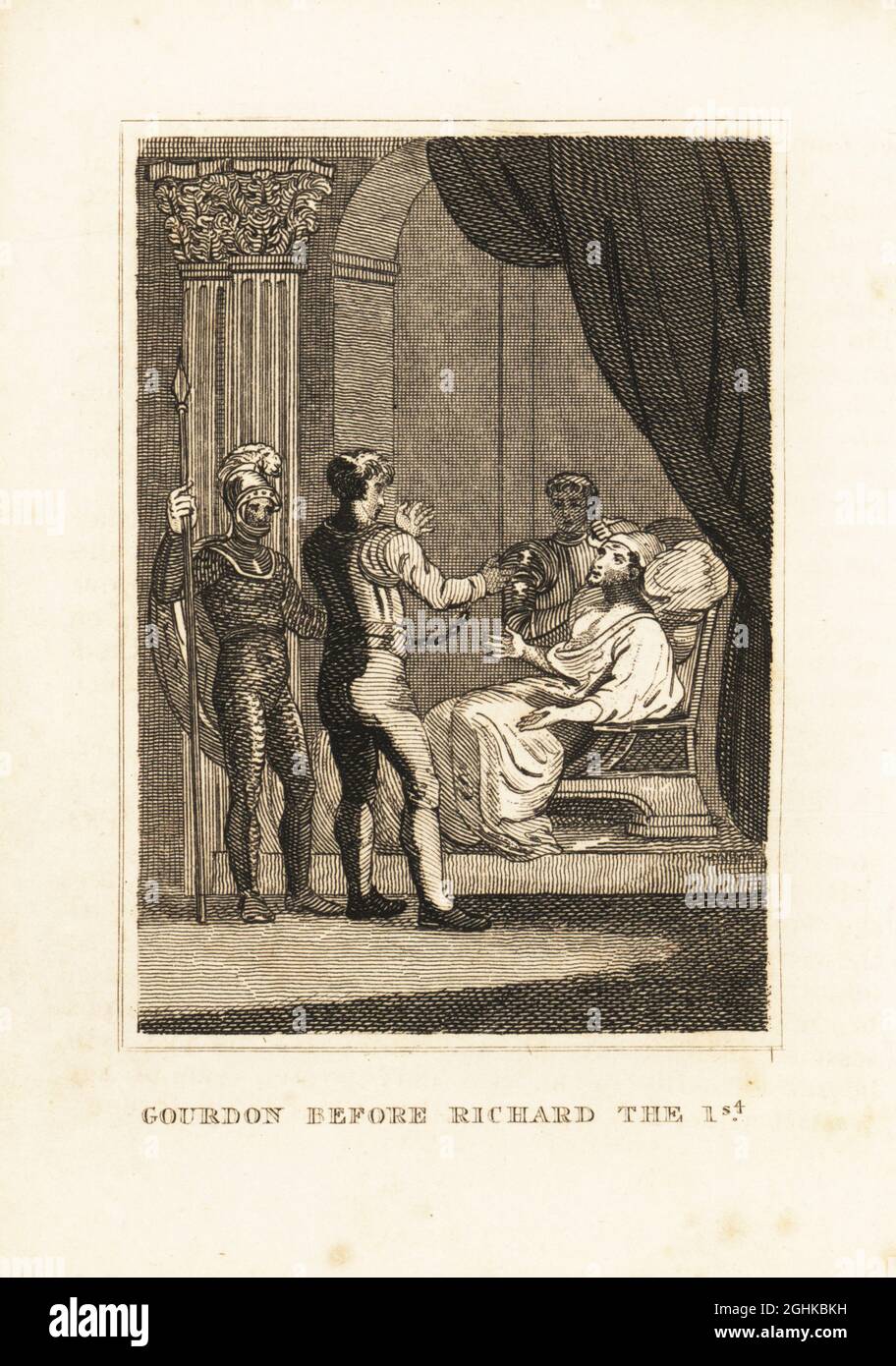 King Richard I, mortally wounded, meets the archer Bertram de Gourdon who shot him, Limousin, 1199. Richard on a chair, the prisoner in shackles with a guard in chainmail armour, Gourdon before Richard I. Copperplate engraving from M. A. Jones’ History of England from Julius Caesar to George IV, G. Virtue, 26 Ivy Lane, London, 1836. Stock Photo