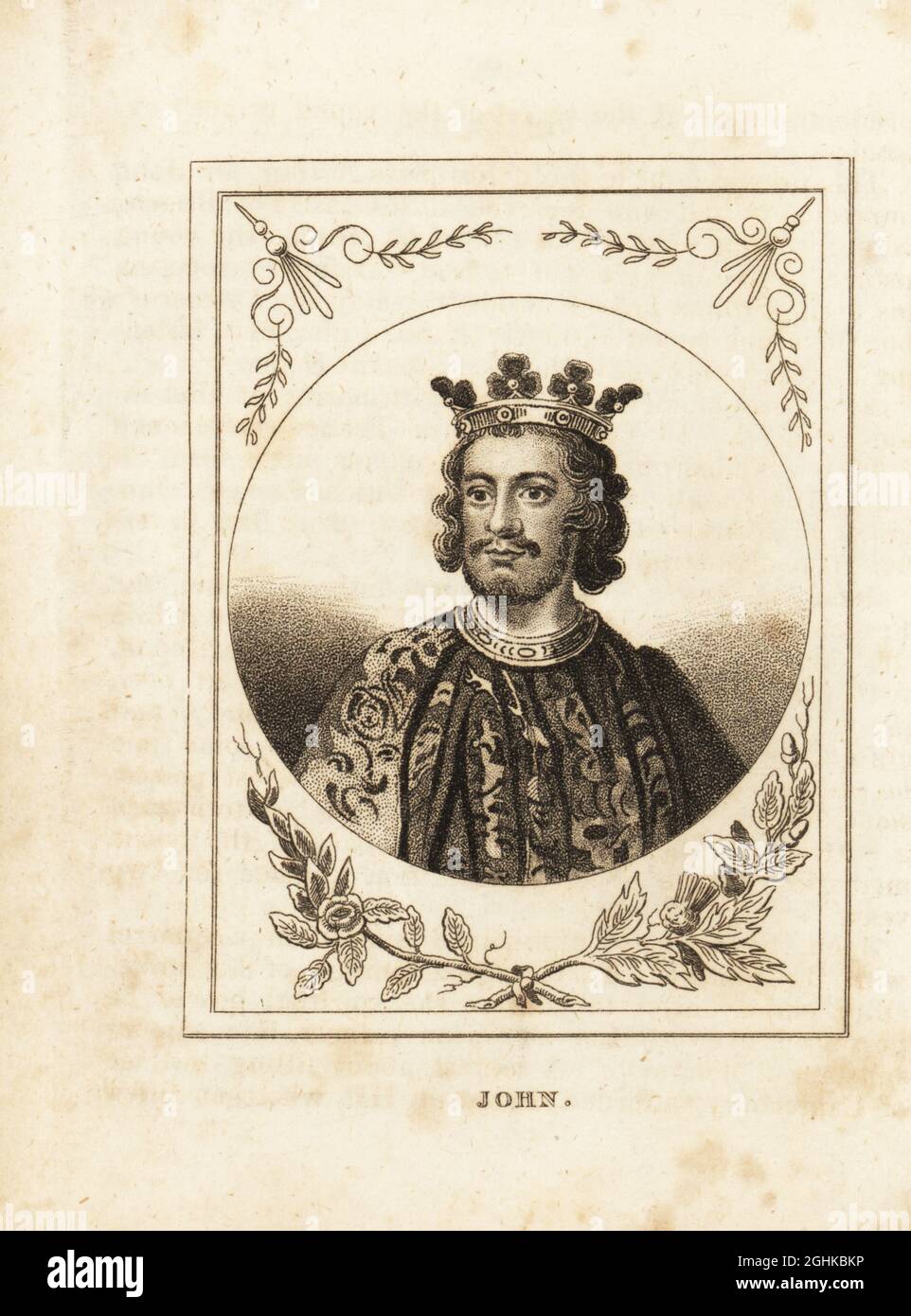 Portrait of King John of England, reigned 1199-1216. In crown, collar and armorial robe. Copperplate engraving from M. A. Jones’ History of England from Julius Caesar to George IV, G. Virtue, 26 Ivy Lane, London, 1836. Stock Photo