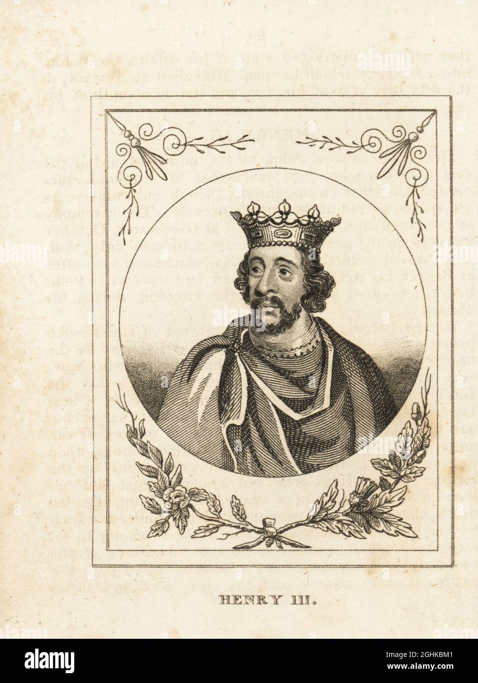 Portrait of King Henry III of England, Henry of Winchester, in crown, cape and brooch, 1207-1272. Copperplate engraving from M. A. Jones’ History of England from Julius Caesar to George IV, G. Virtue, 26 Ivy Lane, London, 1836. Stock Photo