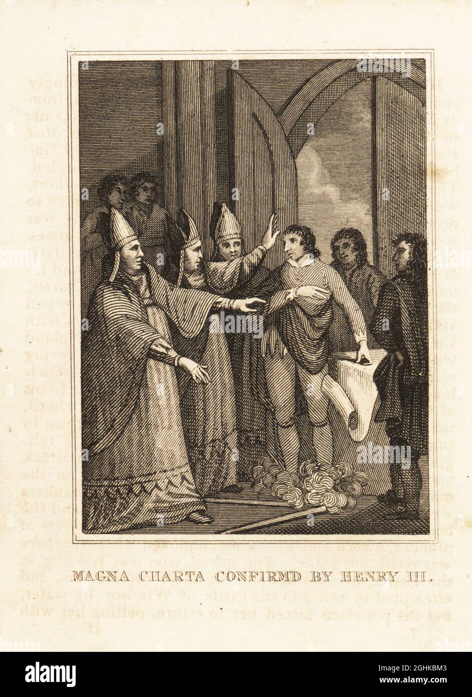 King Henry III re-issuing the Magna Carta and the Charter of the Forest in  1225, witnessed by archbishops, bishops and abbots. Magna Charta confirmed  by Henry III. Copperplate engraving from M. A.
