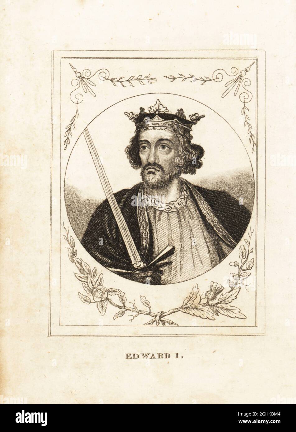 Portrait of King Edward I of England. With beard, crown, sword and cloak. Edward Longshanks or the Hammer of the Scots., 1239-1307. Copperplate engraving from M. A. Jones’ History of England from Julius Caesar to George IV, G. Virtue, 26 Ivy Lane, London, 1836. Stock Photo
