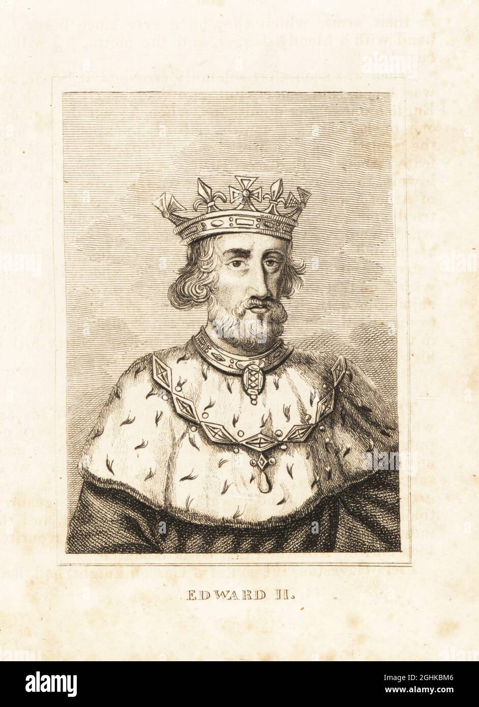 Portrait of King Edward II, 1284-1327, wearing crown, ermine collar, cloak and gold chain. Copperplate engraving from M. A. Jones’ History of England from Julius Caesar to George IV, G. Virtue, 26 Ivy Lane, London, 1836. Stock Photo