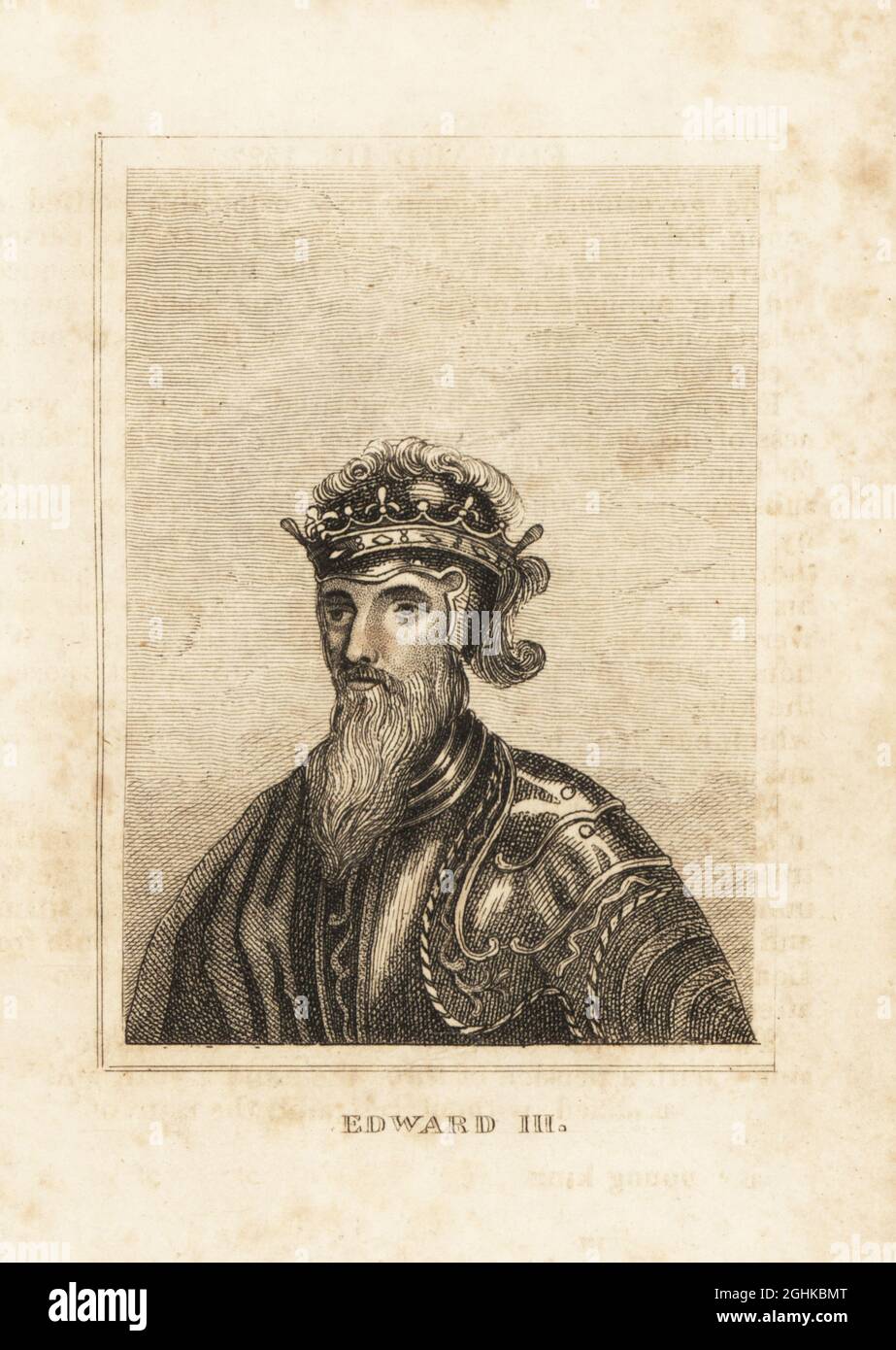 Portrait of King Edward III of England, 1312-1377, in crown, helmet, suit of plate armour and cloak. Copperplate engraving from M. A. Jones’ History of England from Julius Caesar to George IV, G. Virtue, 26 Ivy Lane, London, 1836. Stock Photo