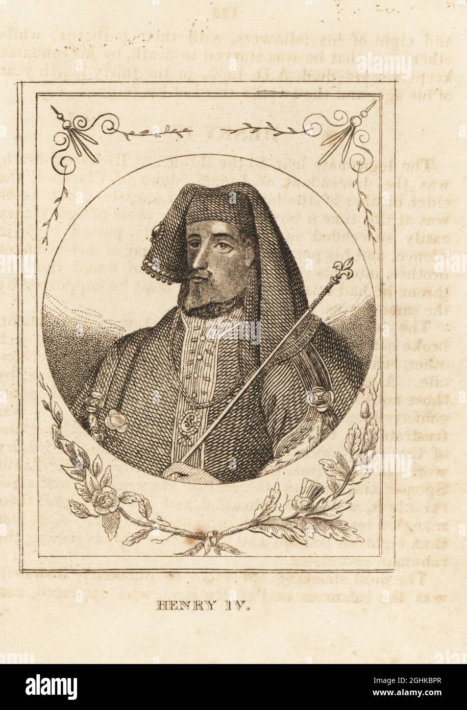 Portrait of King Henry IV of England, 1367-1413. In bejewelled hat, ermine-lined mantle, holding a sceptre. Copperplate engraving from M. A. Jones’ History of England from Julius Caesar to George IV, G. Virtue, 26 Ivy Lane, London, 1836. Stock Photo