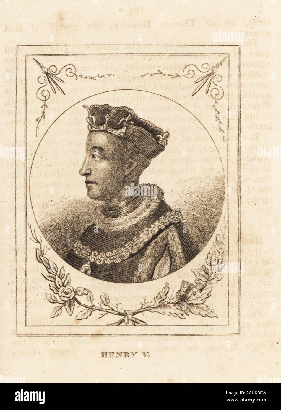 Portrait of King Henry V of England, 1386-1422. In crown, ermine-lined cape, chain of office. Copperplate engraving from M. A. Jones’ History of England from Julius Caesar to George IV, G. Virtue, 26 Ivy Lane, London, 1836. Stock Photo