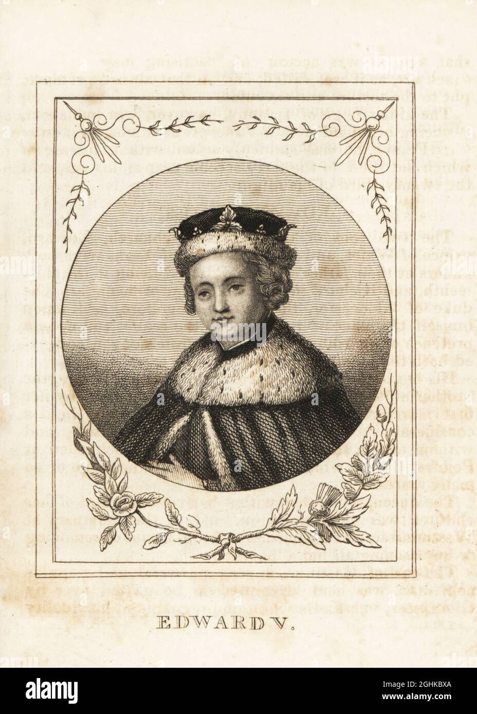 Portrait of King Edward V of England, 1470-1483, in ermine crown, ermine mantle. Copperplate engraving from M. A. Jones’ History of England from Julius Caesar to George IV, G. Virtue, 26 Ivy Lane, London, 1836. Stock Photo