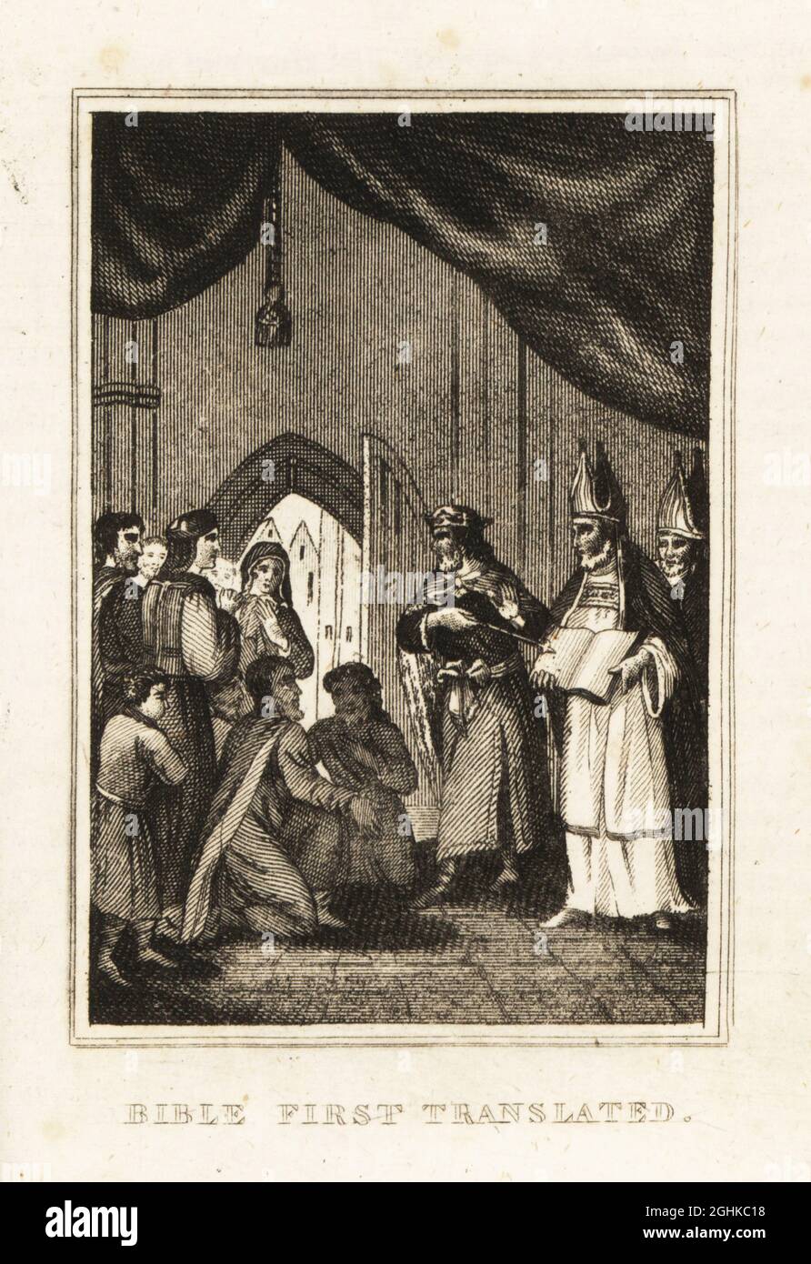 King Henry VIII and bishops presenting William Tyndale's first English translation of the Bible, 1525. Bible first translated. Copperplate engraving from M. A. Jones’ History of England from Julius Caesar to George IV, G. Virtue, 26 Ivy Lane, London, 1836. Stock Photo