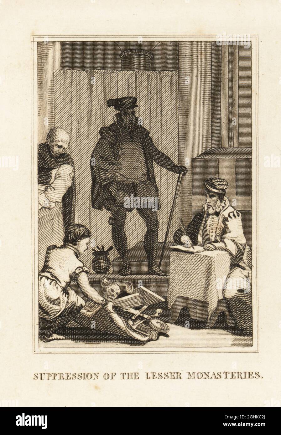 King Henry VIII overseeing the dissolution of the Catholic monasteries, 1536-41. A boy steals relics, gold, crucifix, and other booty in front of a clerk and a monk. Suppression of the lesser monasteries. Copperplate engraving from M. A. Jones’ History of England from Julius Caesar to George IV, G. Virtue, 26 Ivy Lane, London, 1836. Stock Photo