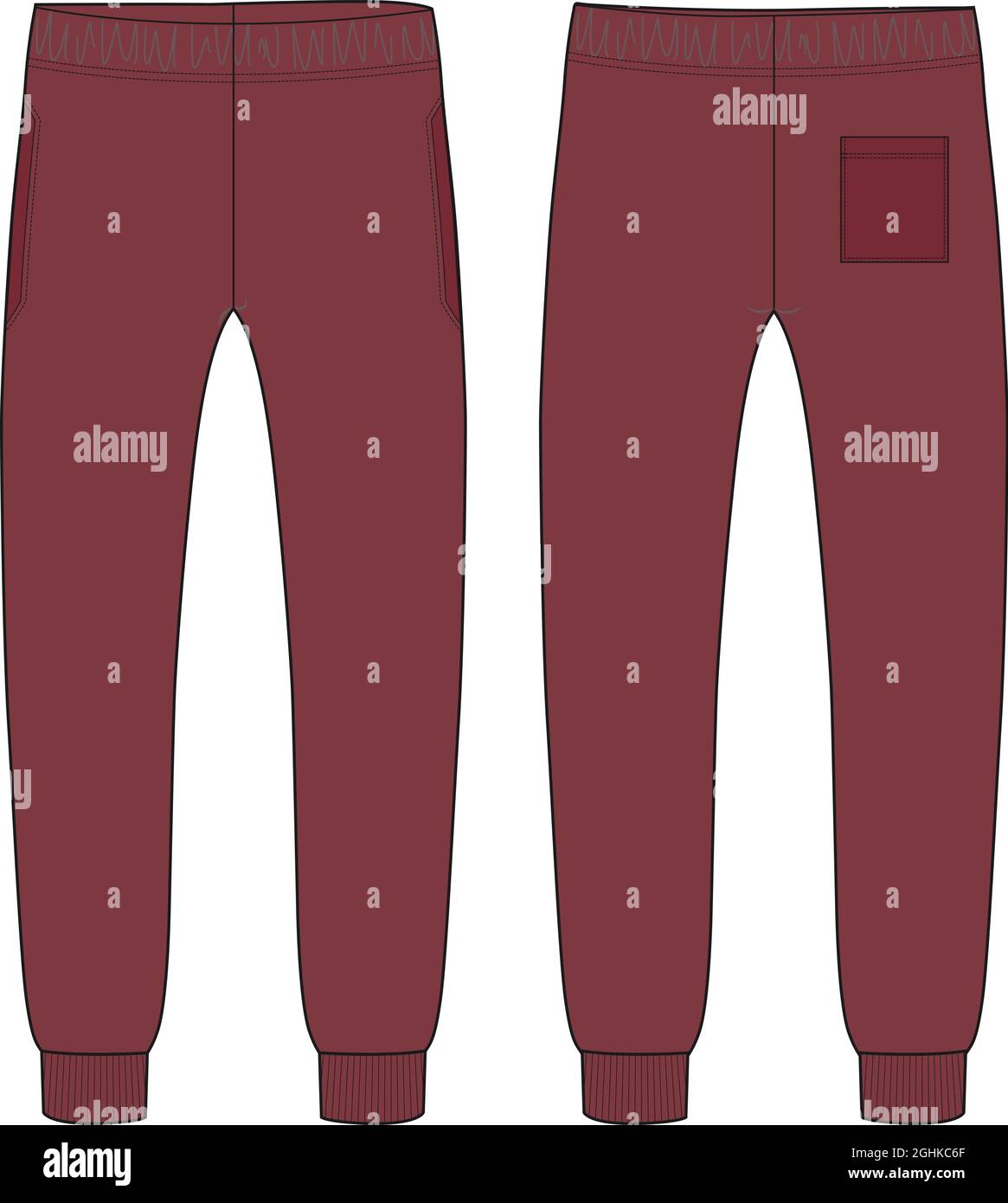 Fleece Red color fabric jogger sweatpants overall technical fashion flat sketch vector template front and back views isolated on white background. Stock Vector