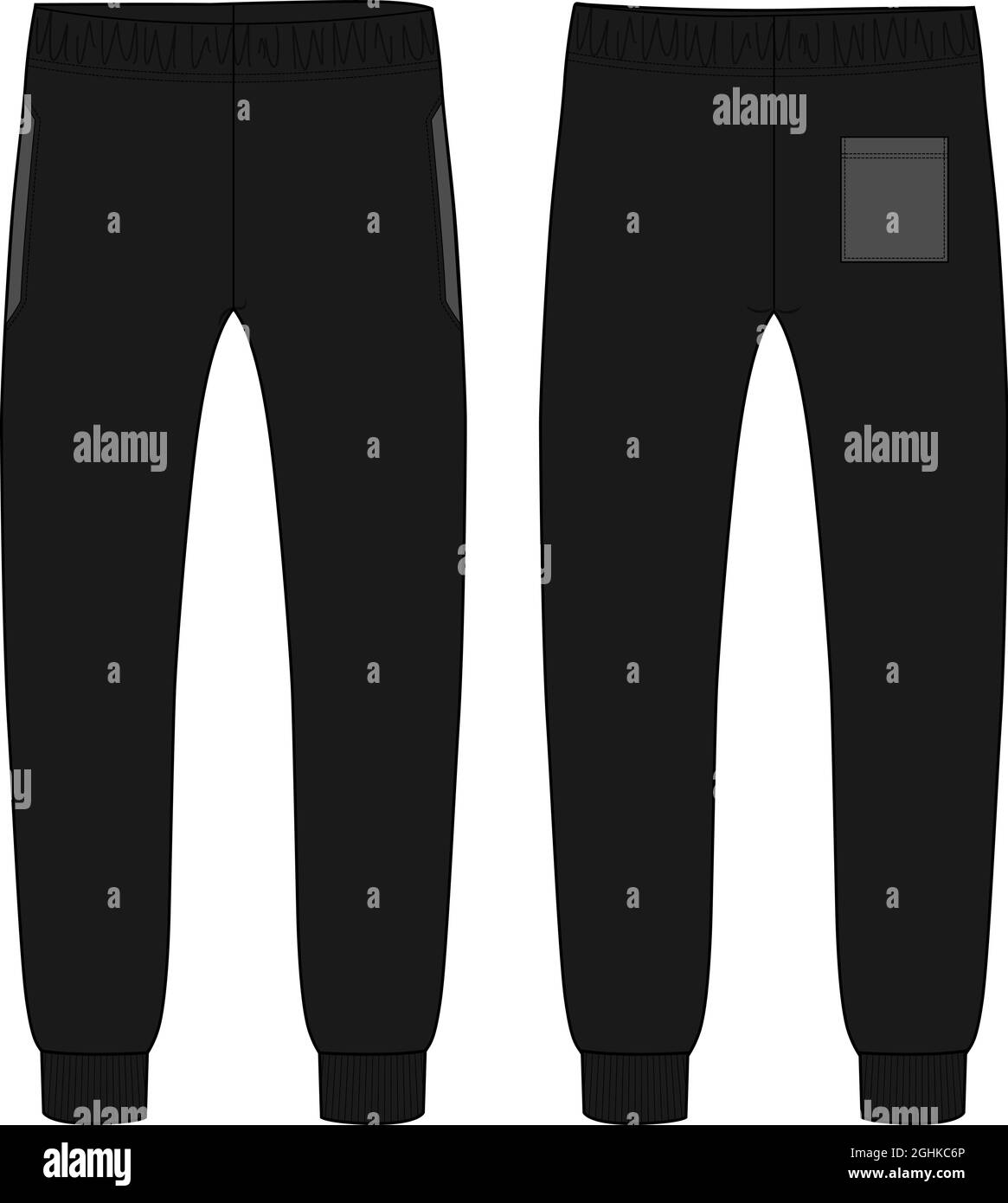 Fleece fabric black color Jogger sweatpants technical fashion flat sketch Drawing vector template front and back views isolated on white background. Stock Vector