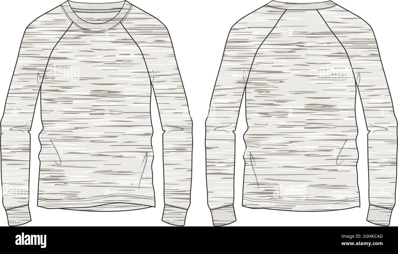 Cotton fleece Grey heather jersey long sleeve sweatshirt overall technical fashion flat sketch vector template front and back views isolated on white Stock Vector