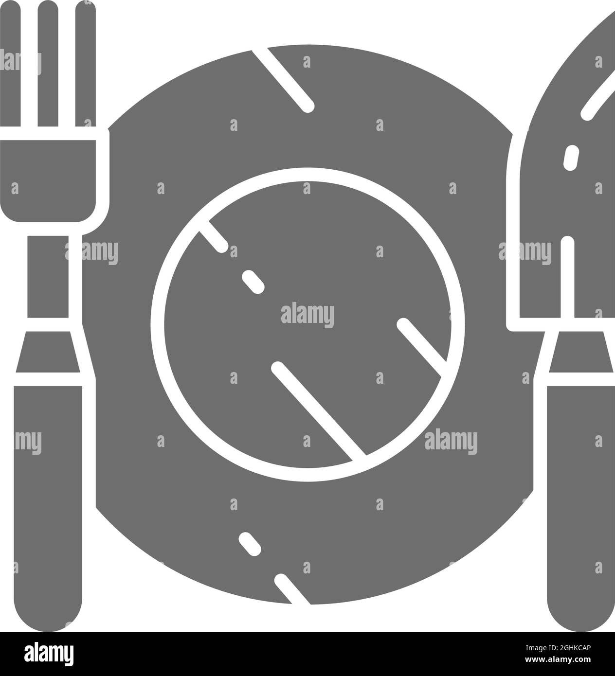 Cutlery, plate with fork and knife grey icon. Stock Vector