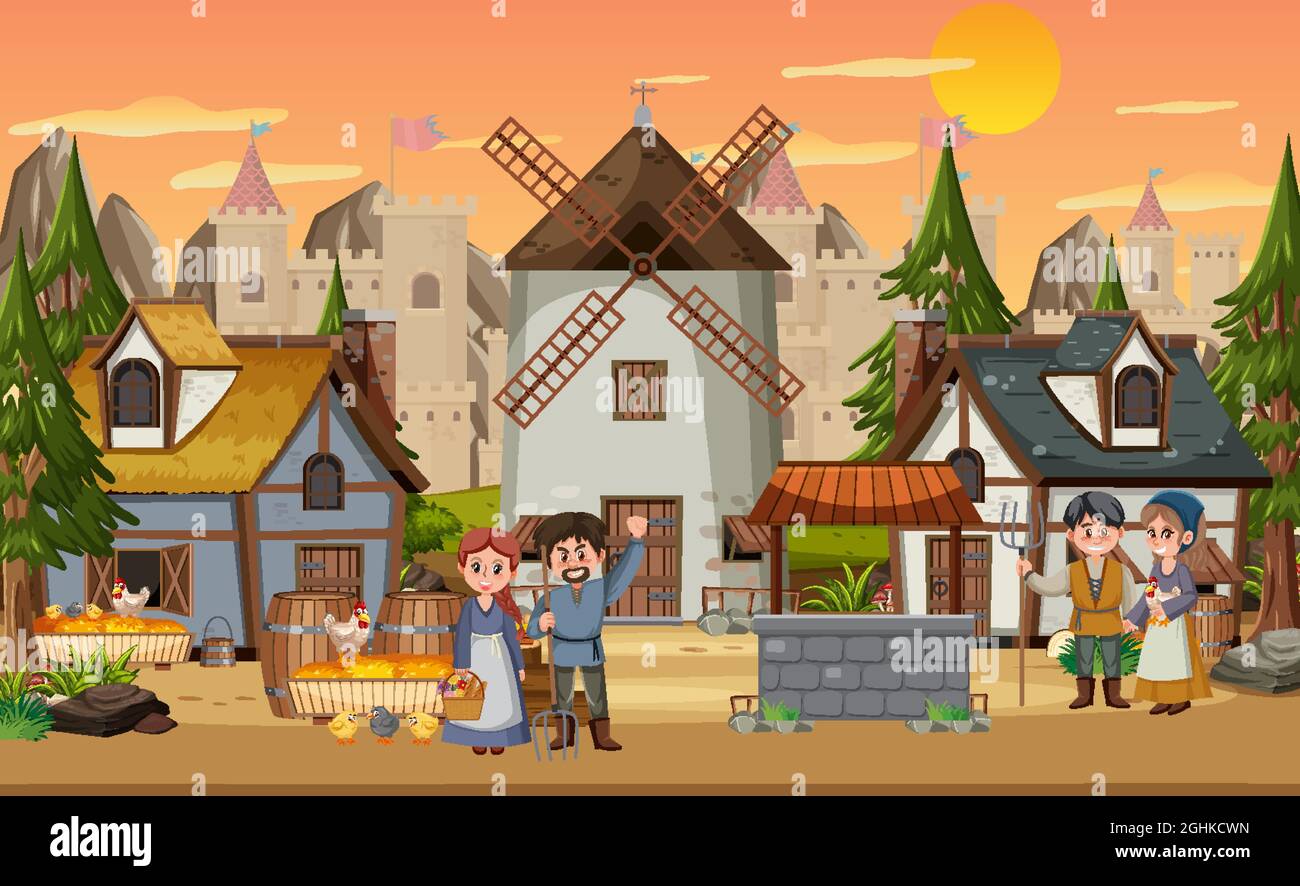 Medieval town at sunset time scene with villagers illustration Stock ...