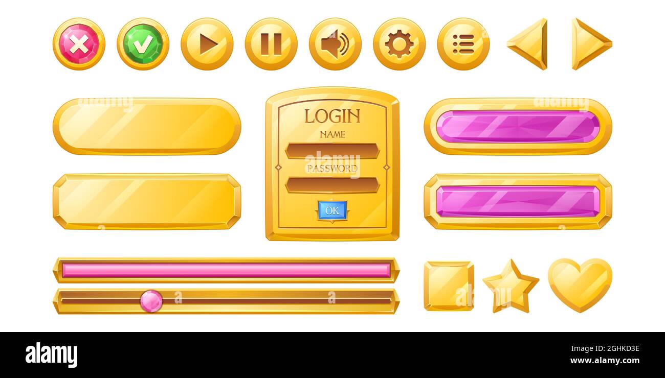 Golden buttons for user interface design in game, video player or website.  Vector cartoon set of
