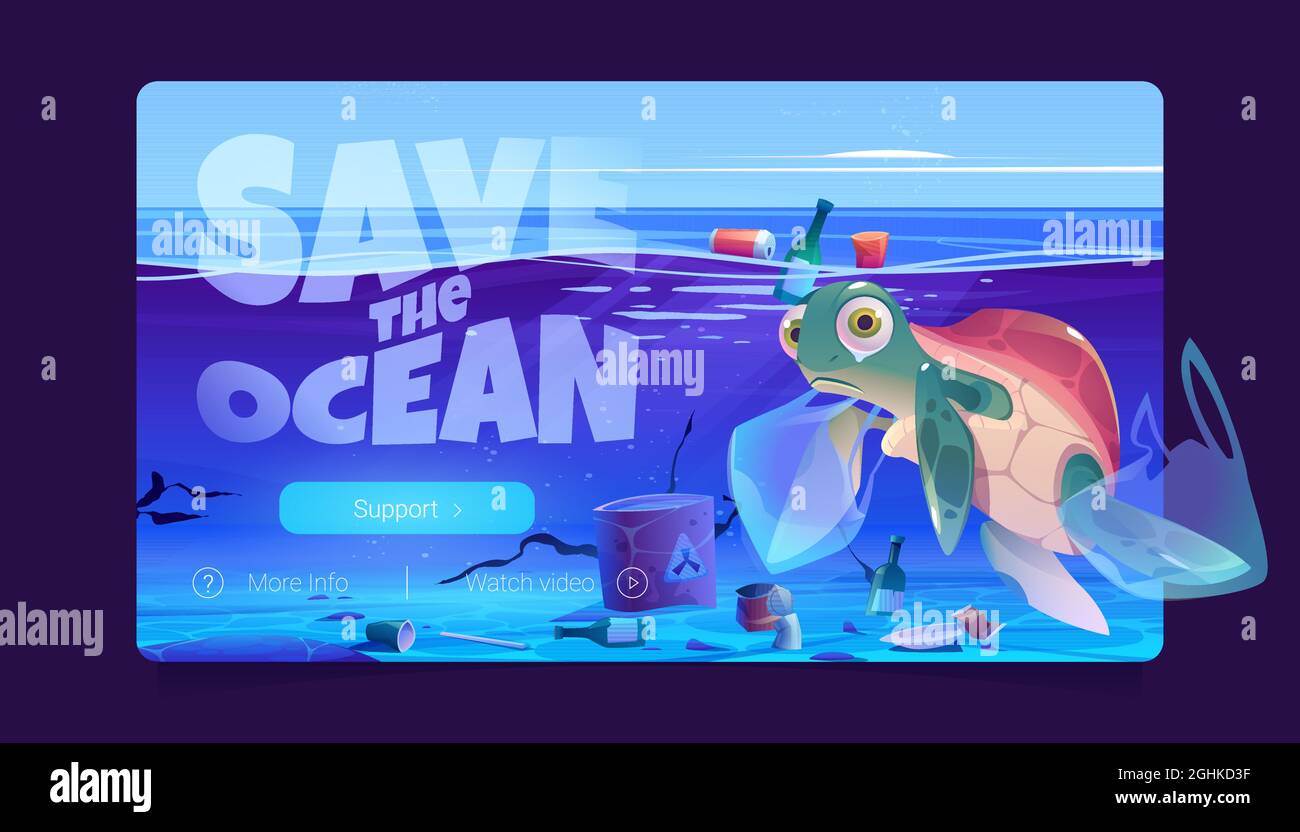 Save ocean website with turtle, plastic bags and garbage in water. Vector  landing page of sea pollution with cartoon sad marine animal, trash and  toxic wastes underwater Stock Vector Image & Art -