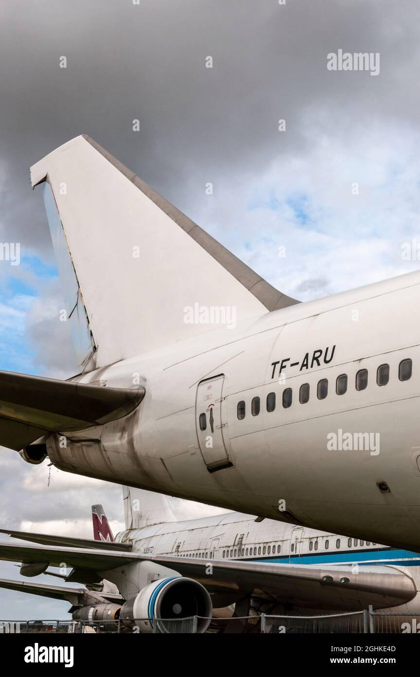 Retired Boeing 747 Jumbo jet airliner planes stored pending scrapping at Manston Airport boneyard, TF-ARU formerly Air Atlanta Icelandic and Saudi Stock Photo