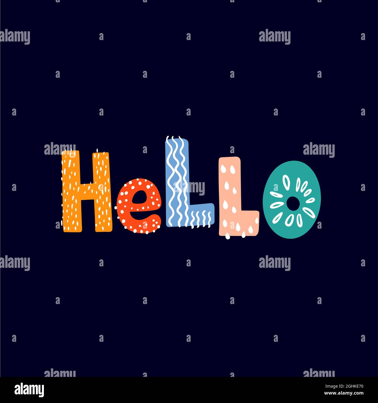 Text Hello is made in multicolored letters on black Stock Vector
