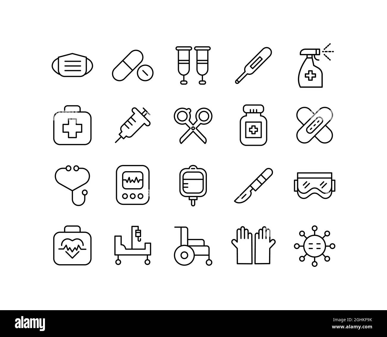 Medical icon set with black outline. Collection of icons for Covid-19, pandemic, and general biomedical uses Stock Vector