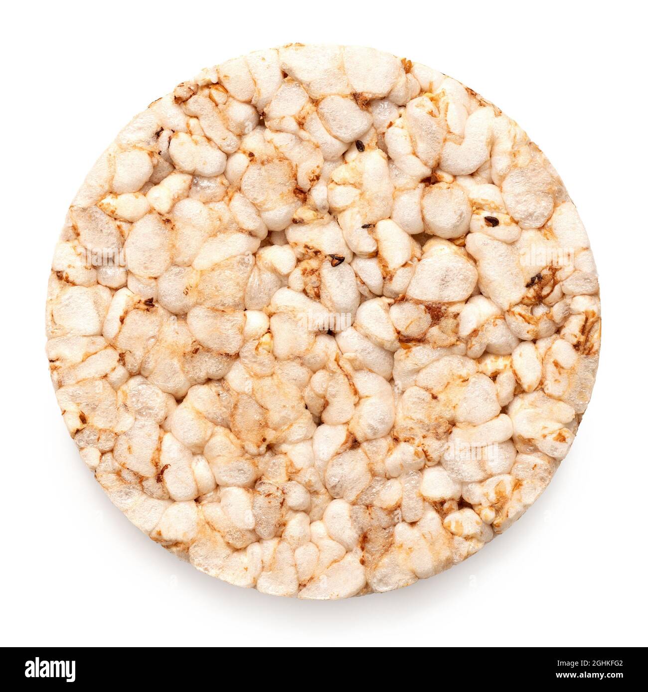 Plain puffed brown rice cake isolated on white. Top view. Stock Photo