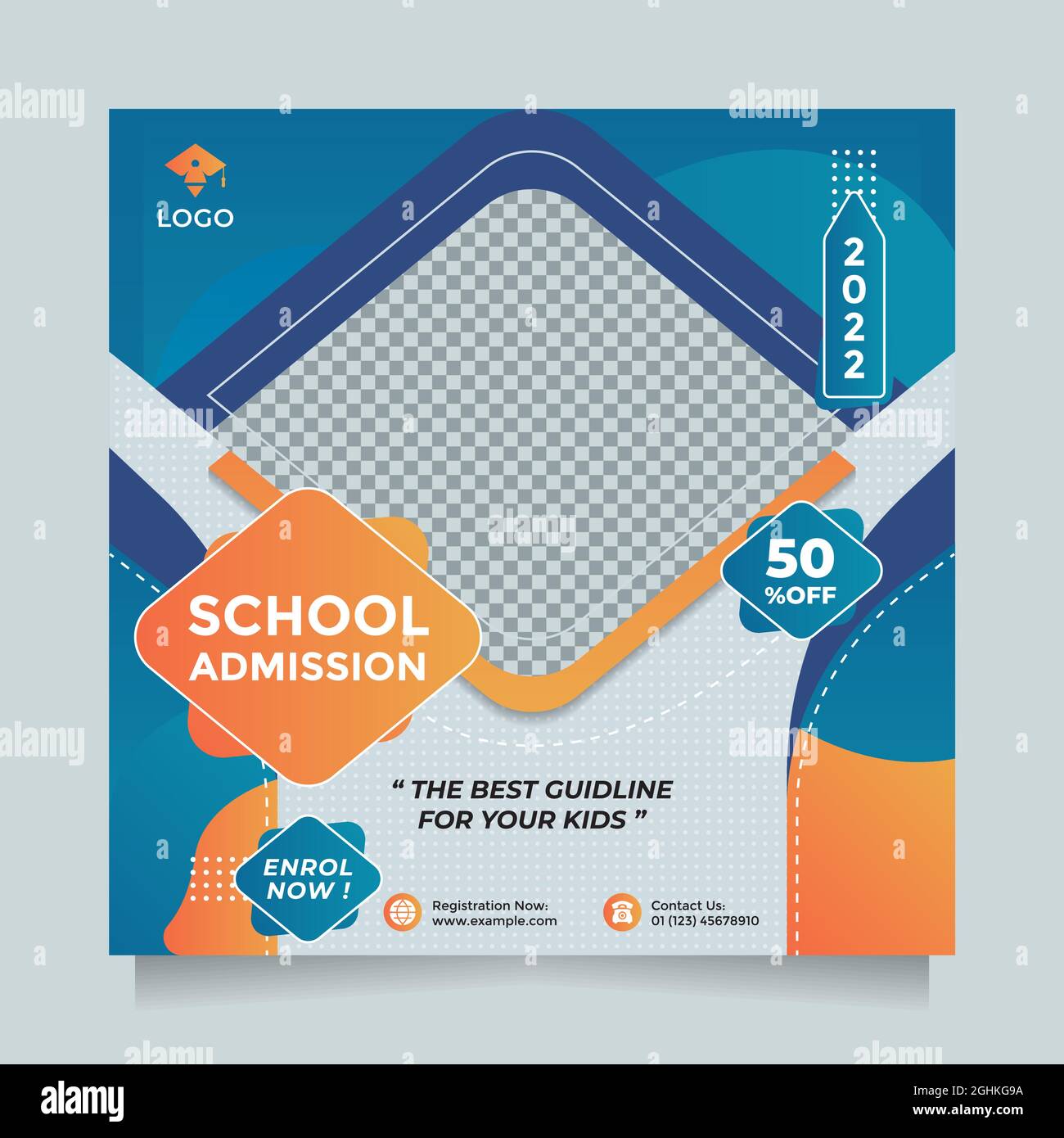 Creative Concept School Education Admission Social Media Post And Banner Template . Modern Blue Orange Square Design Vector With A Image Placeholder Stock Vector