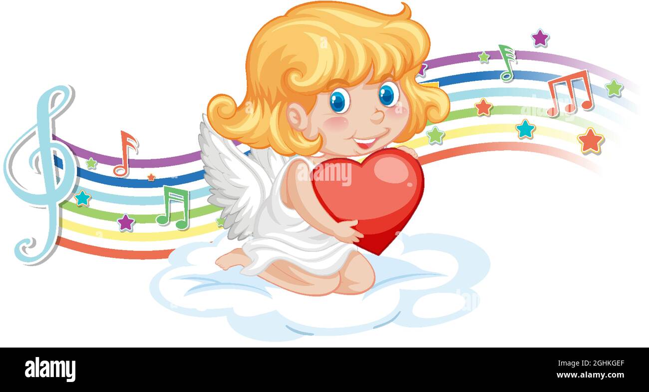 Cupid angel character with melody symbols on rainbow illustration Stock ...