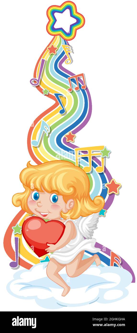 Cupid girl with melody symbols on rainbow wave illustration Stock ...