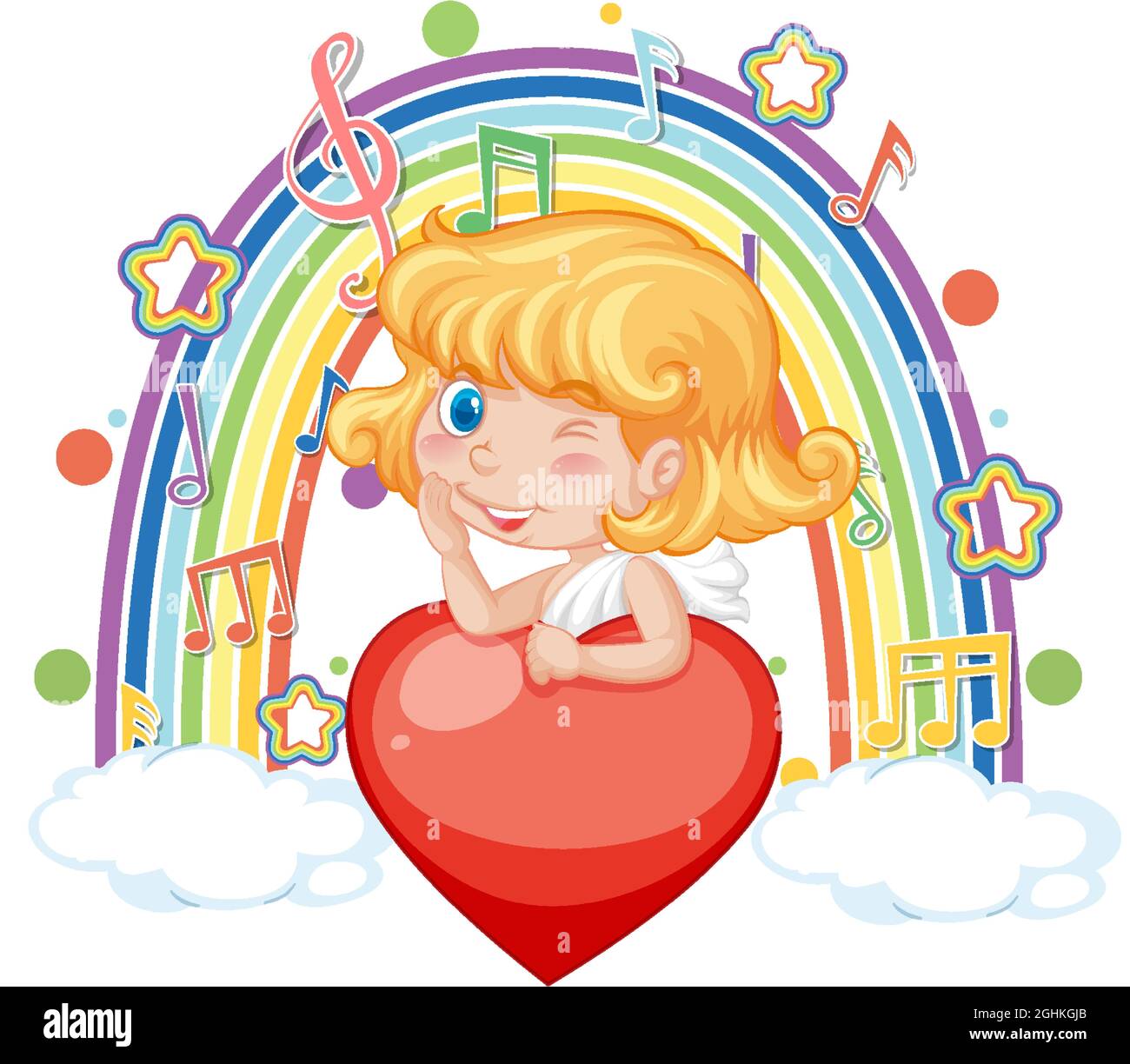 Cupid girl holding heart with melody symbols on rainbow illustration ...