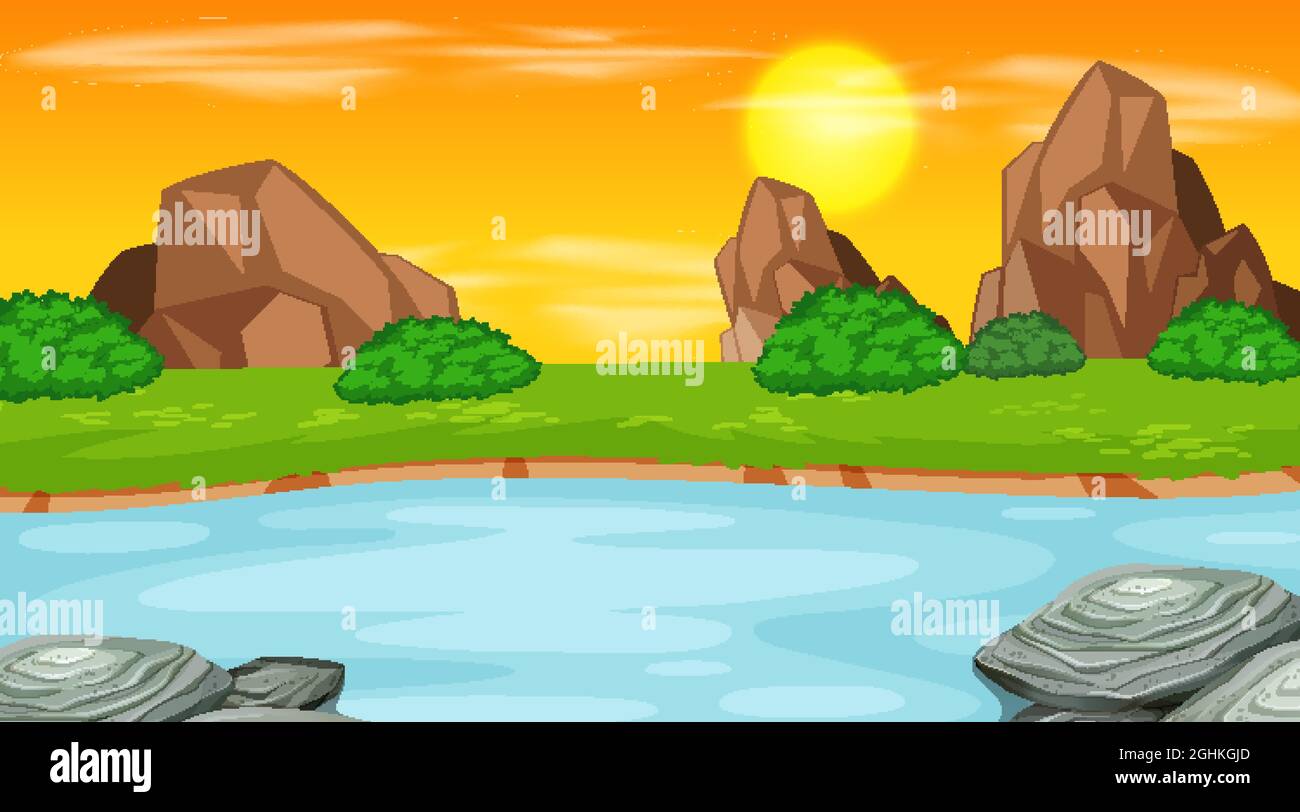 Landscape scene of forest with river illustration Stock Vector Image ...