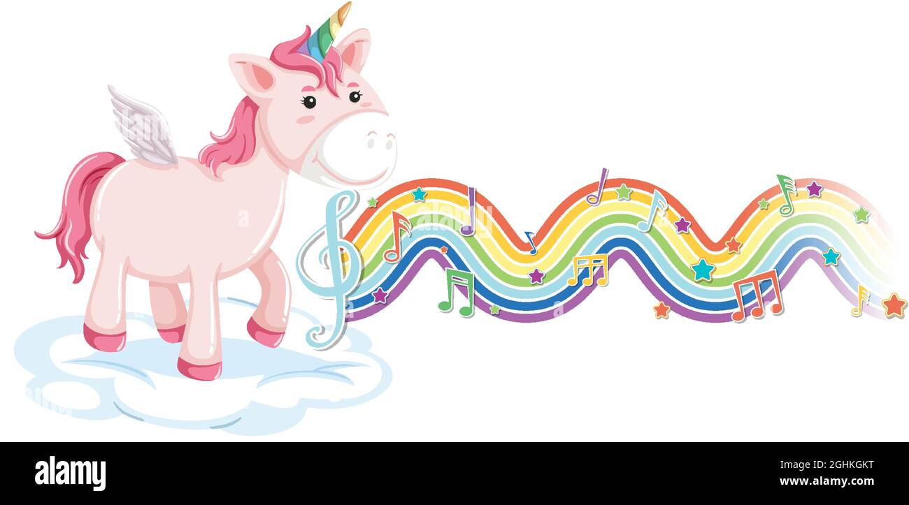Unicorn standing on the cloud with melody symbols on rainbow wave ...