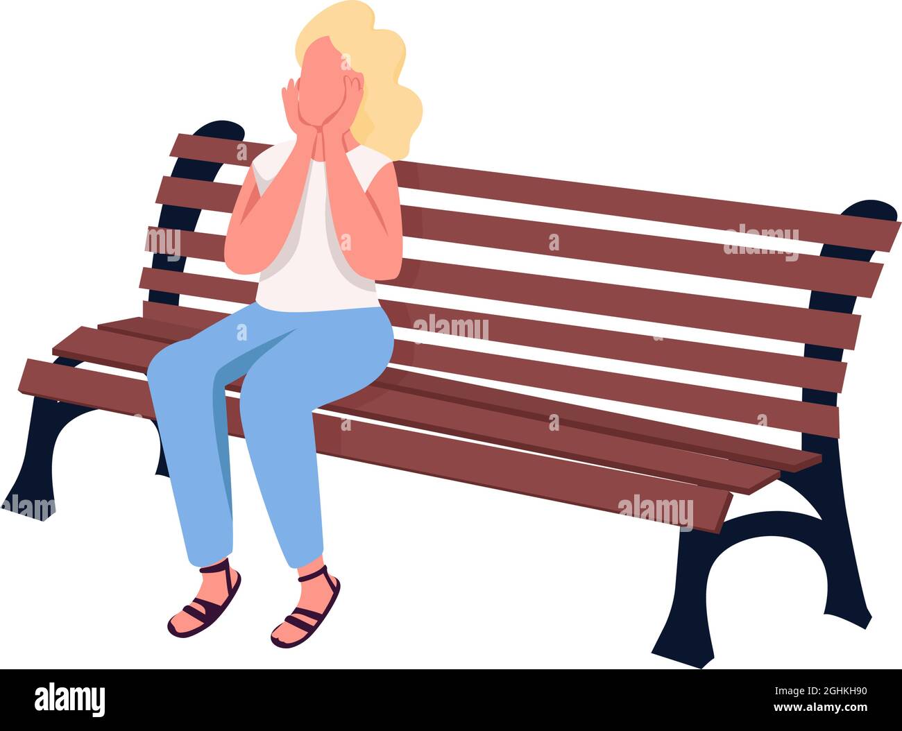 Pleased girl sitting on bench semi flat color vector character Stock ...