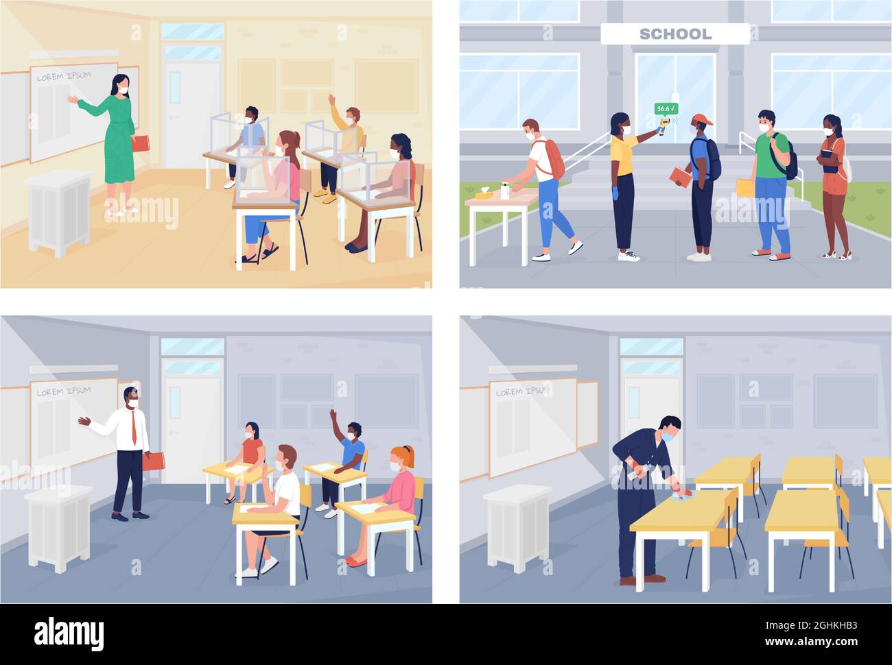 After covid pandemic rules at school flat color vector illustration set ...