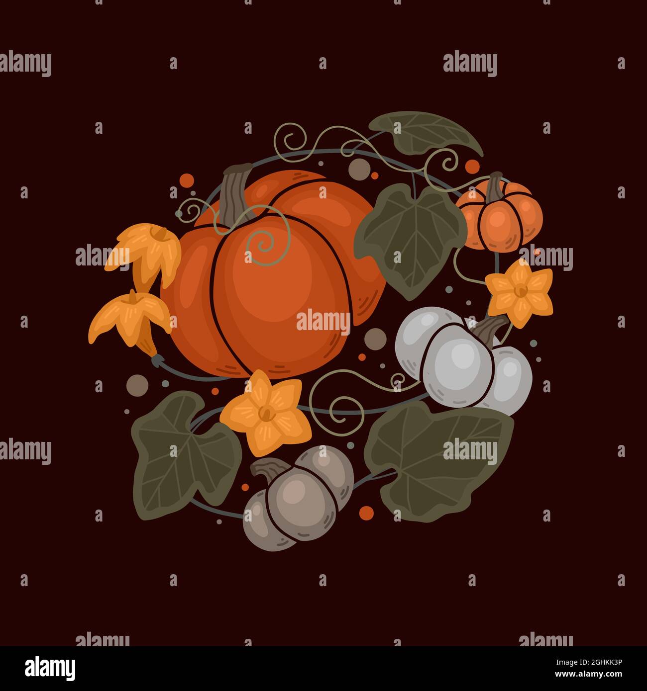 Autumn illustration of pumpkins with foliage and vine curls. Vector ...