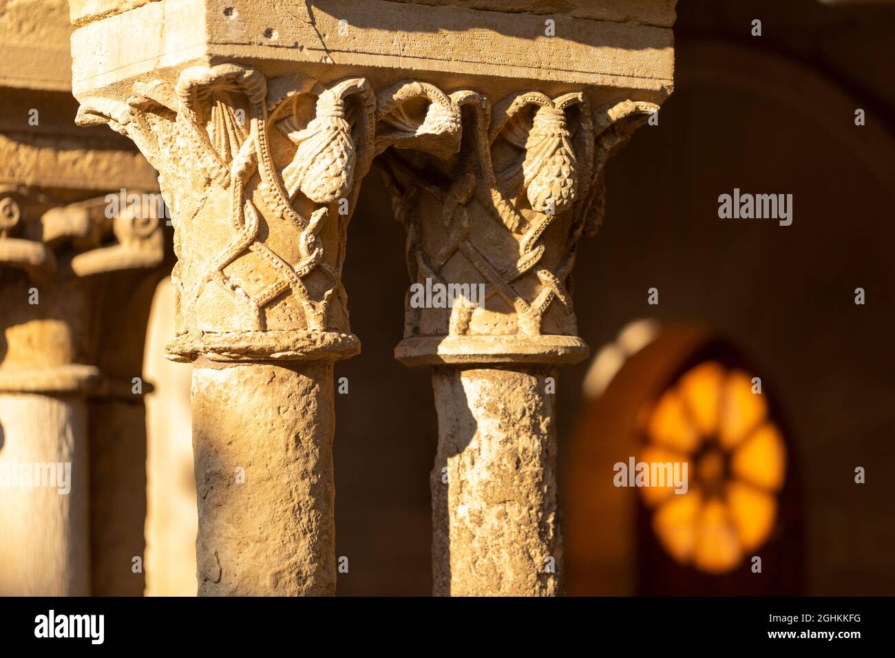 Pillar detail in the cloister of Vallbona Abbey or the Monastery of Santa Maria de Vallbona. Urgell, Lleida, Catalonia, Spain, Europe. Stock Photo