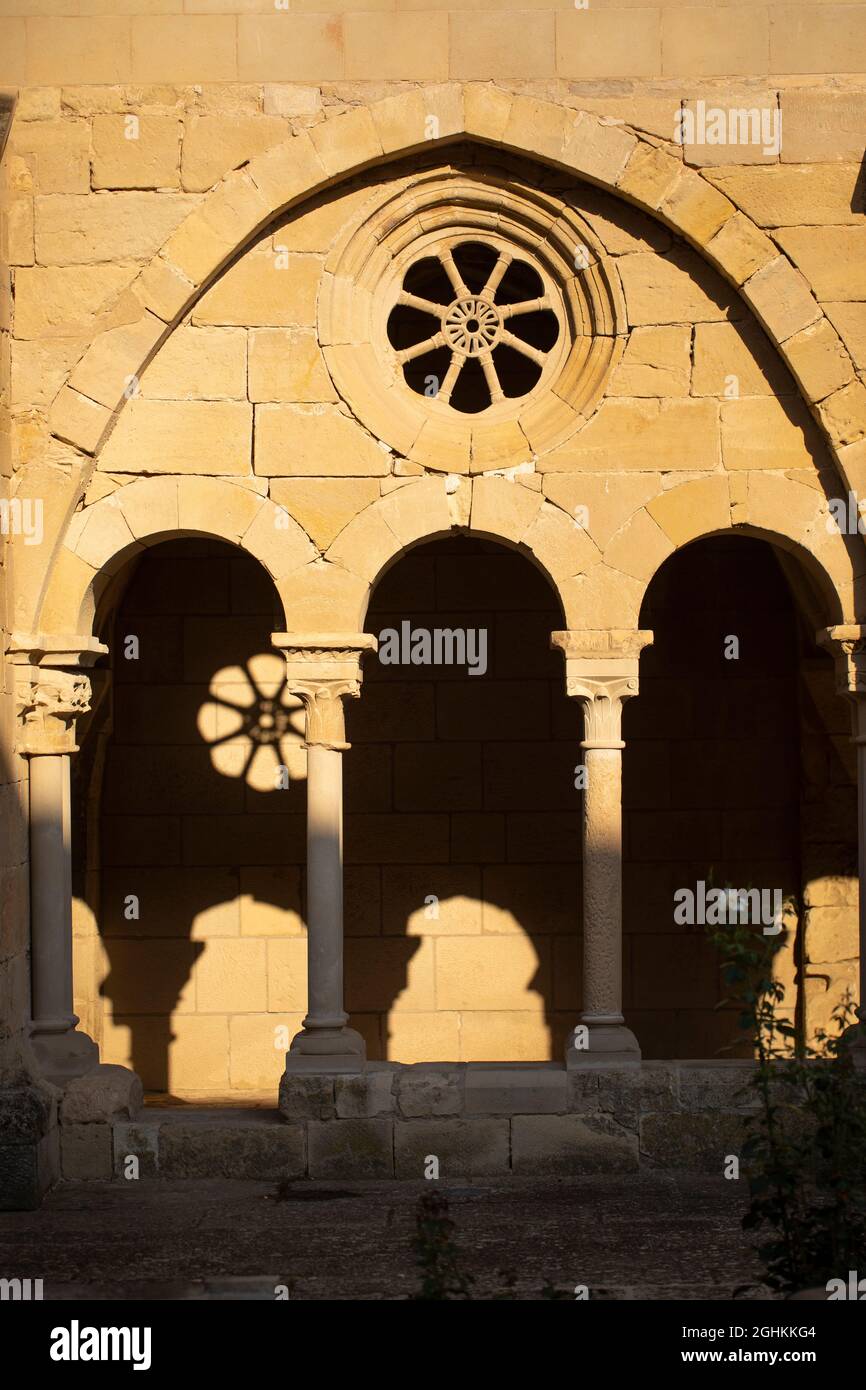 Pillar detail in the cloister of Vallbona Abbey or the Monastery of Santa Maria de Vallbona. Urgell, Lleida, Catalonia, Spain, Europe. Stock Photo